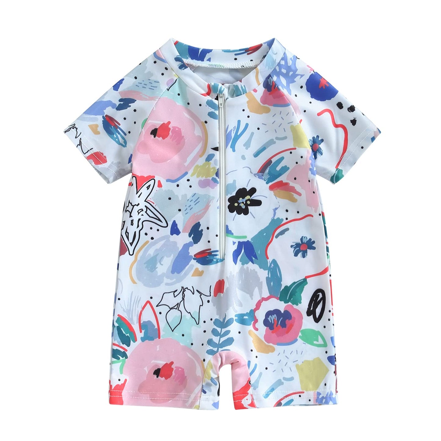 Niceclould Toddler Boy Girl Short Sleeve One Piece Zipper Swimsuit Watercolor Swimwear Romper Jumpsuit Beach Bathing Suit (Us, A