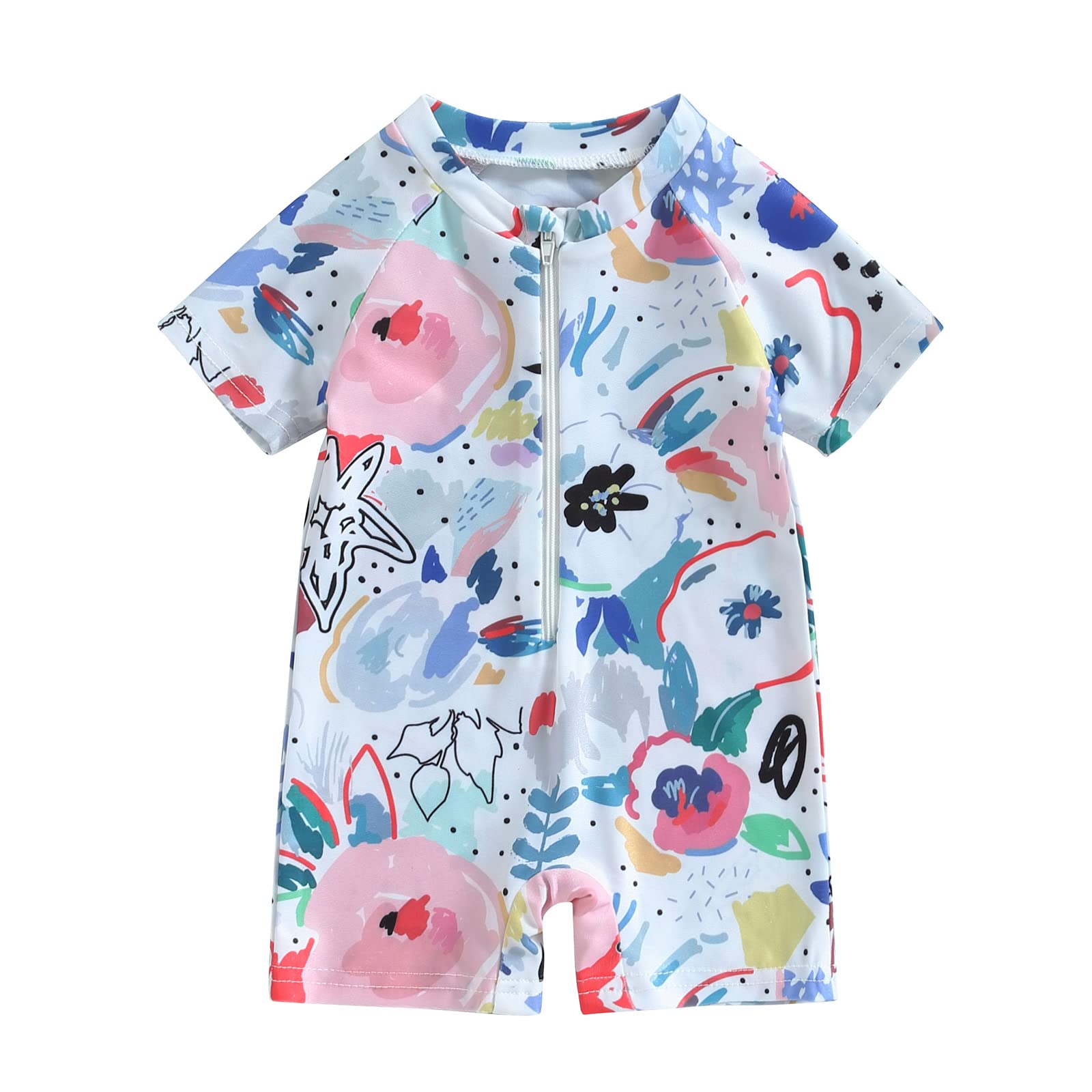 Niceclould Toddler Boy Girl Short Sleeve One Piece Zipper Swimsuit Watercolor Swimwear Romper Jumpsuit Beach Bathing Suit (Us, A