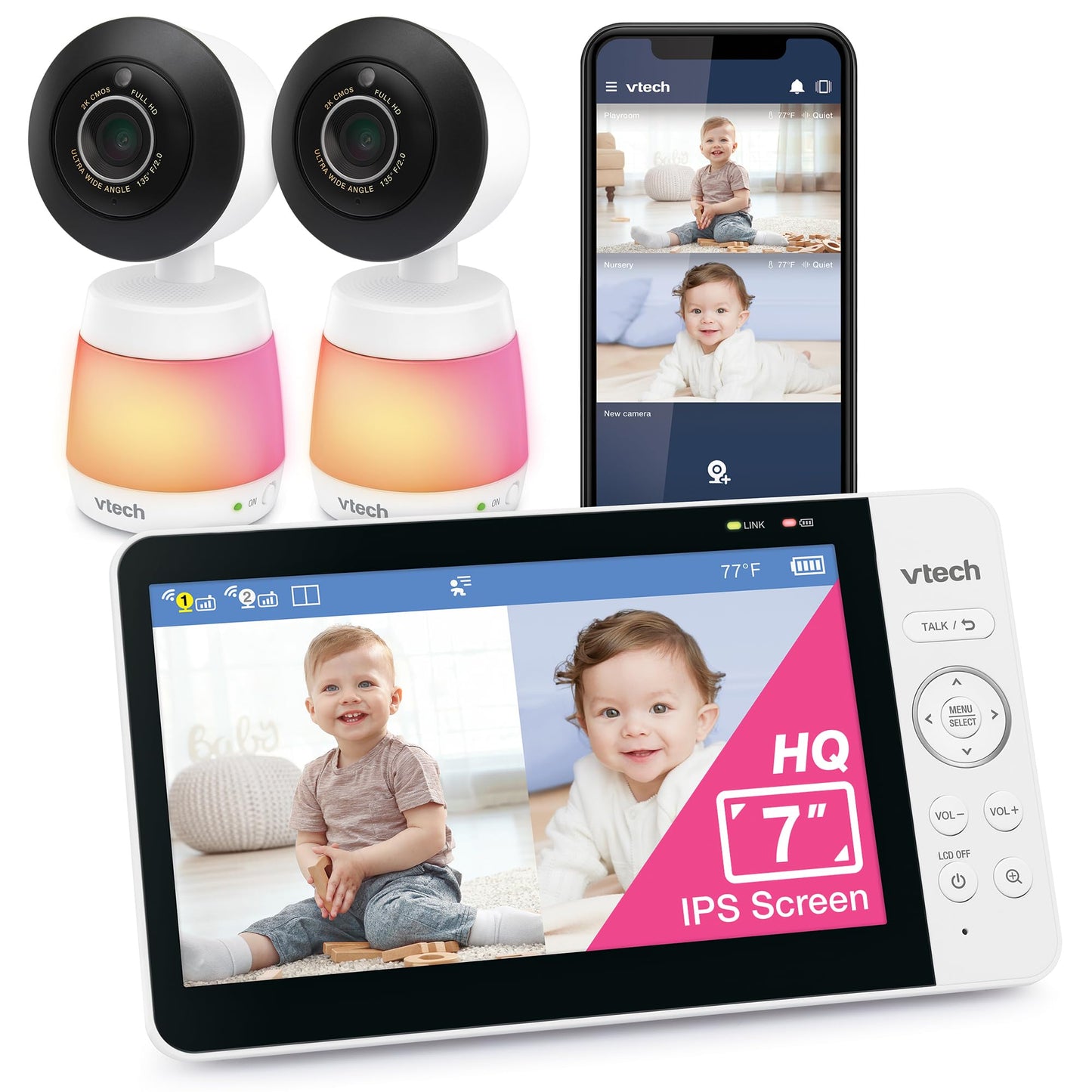 VTech 2-Cameras Smart WiFi Baby Monitor with 1080p FHD Video, Free App with Motion Video, Sound/Motion Detection and Notificatio