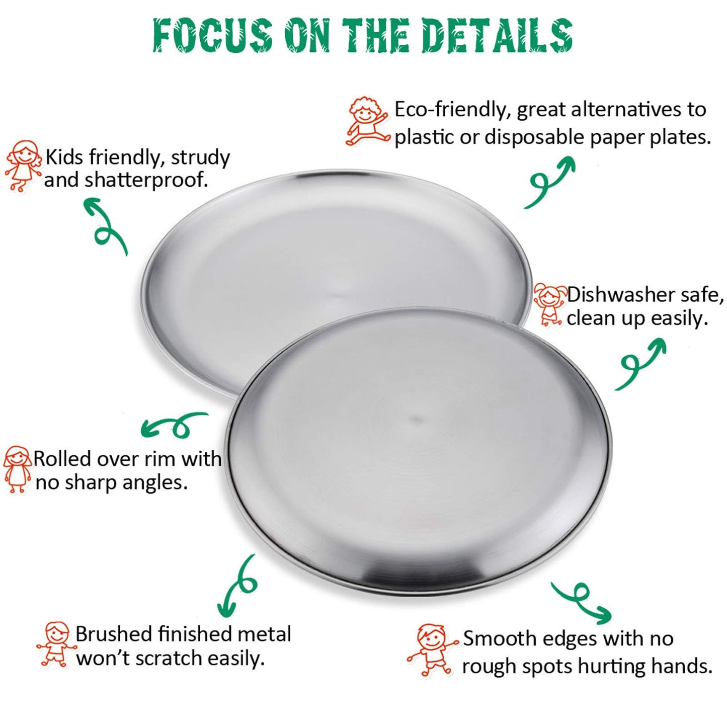 E-Far Stainless Steel Plates Set Of 4, 8-Inch Metal Dinner Plates For Kids Toddlers, Great For Self-Feeding/Picnic/Outdoor Campi