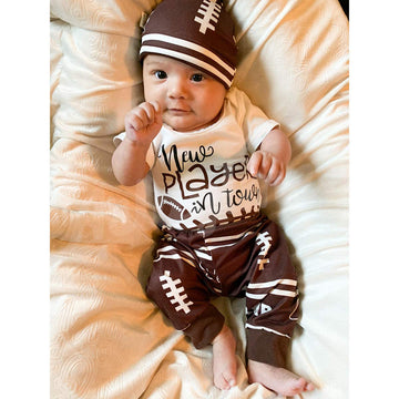 Aslaylme Newborn Baby Boy Clothes Coming Home Outfit New Player In Town Football Romper (Brown, 0-3 Months)