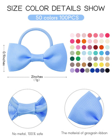 Jollybows 100Pcs 2 Inches Baby Girls Hair Bows Ties Mini Boutique Elastic Hair Rubber Ribbon Hair Band Accessories For Kids Todd