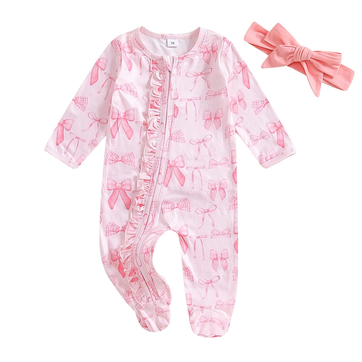 Ayalinggo Valentines Baby Girl Outfit Bowknot Heart Footie Romper Long Sleeve Onesie Newborn Christmas Clothes (Little Pink, 6-1