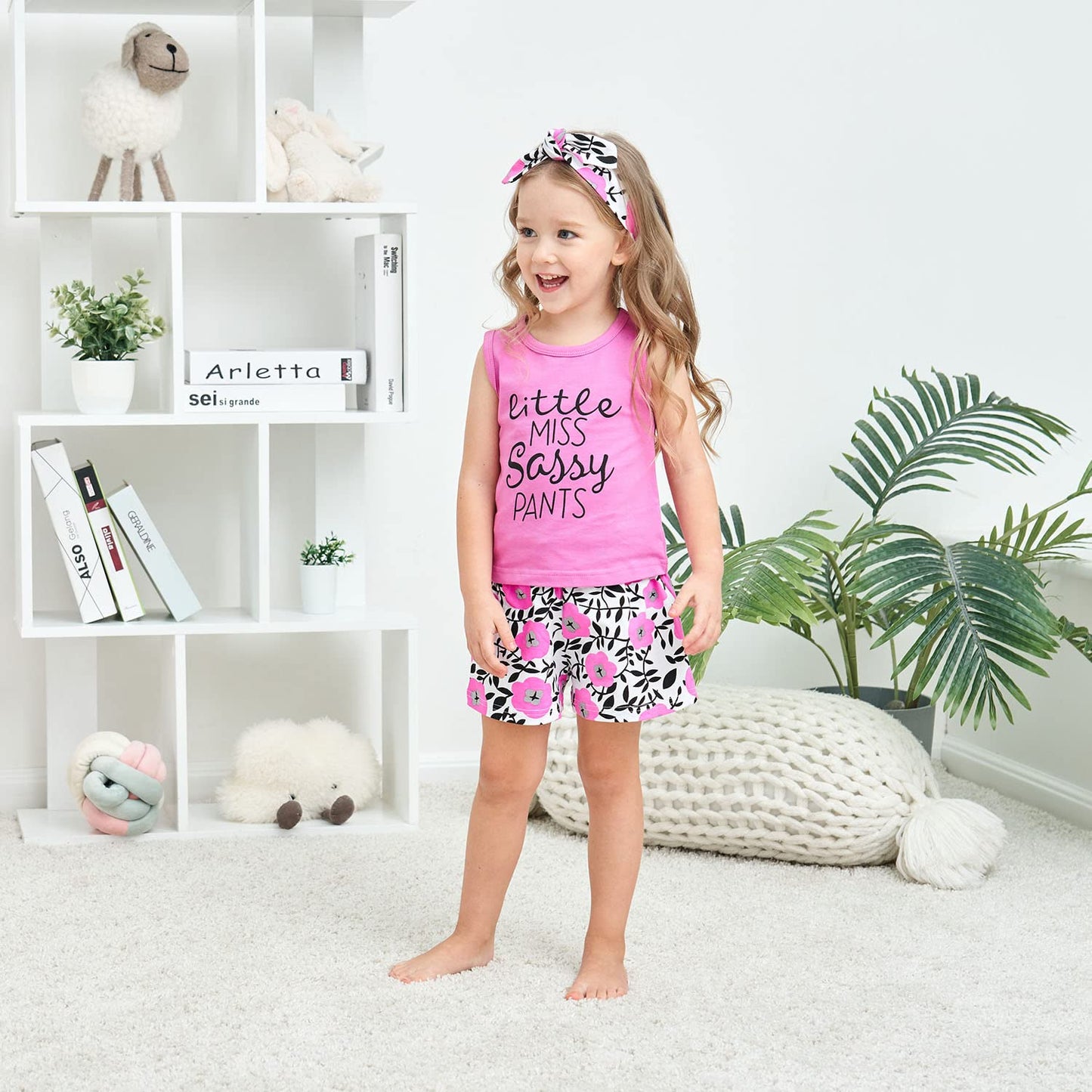 Hipea Toddler Girl Outfits Flower Tops Sleeveless Vest Shorts Headband Summer Clothes Set(5-6T)