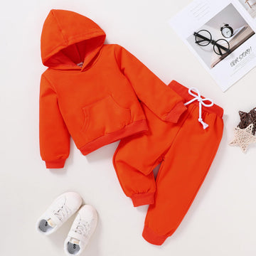 Happy Town Toddler Fall Outfits For Girl Boy Long Sleeve Hoodie Top And Long Sweatpants Set Toddler Sweatsuit (Solid Color-Orang