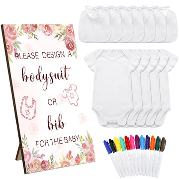 Panitay 43 Pcs Baby Bibs Bodysuit Games Set Wooden Game Sign 15 Blank White Bibs 15 Newborn Bodysuit 12 Marker(Flower)