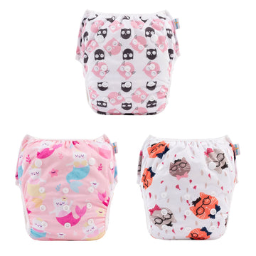 Babygoal Baby Girl Swim Diapers 3 Pack For 8M-3T Babies And Toddlers, Reusable Adjustable Washable For Swimming Lessons-Cat,Owl