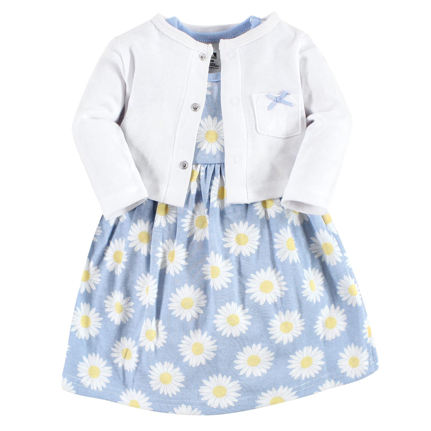 Hudson Baby Baby Girls' Cotton Dress And Cardigan Set, Blue Daisy, 0-3 Months