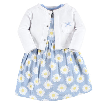 Hudson Baby Baby Girls' Cotton Dress And Cardigan Set, Blue Daisy, 0-3 Months