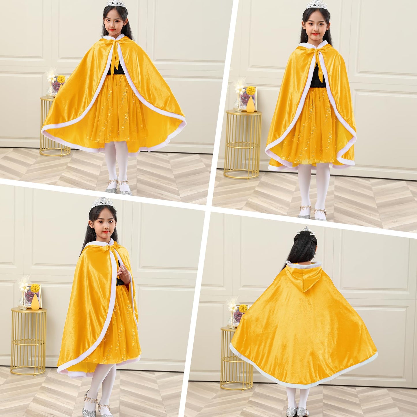 Century Star Girl Fur Princess Cape With Hood Girls Cloak For Little Girls Christmas Yellow 4-5 Years