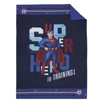 Everything Kids Superman Super Hero In Training Blue & Red Icon 4Piece Toddler Bed Set - Comforter, Fitted Bottom Sheet, Flat To