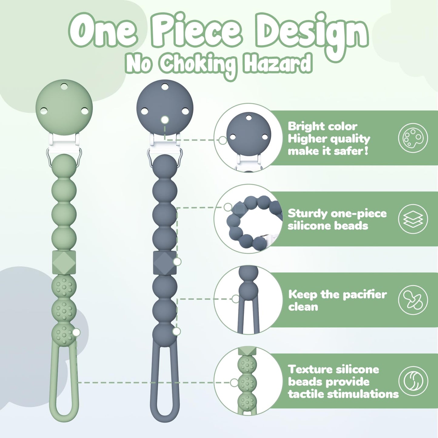 Tyry.Hu Silicone Pacifier Holder Clip With One Piece Beads For Boys And Girls, Soft Flexible Rust-Free Binky Clips With Texture,