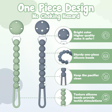 Tyry.Hu Silicone Pacifier Holder Clip With One Piece Beads For Boys And Girls, Soft Flexible Rust-Free Binky Clips With Texture,