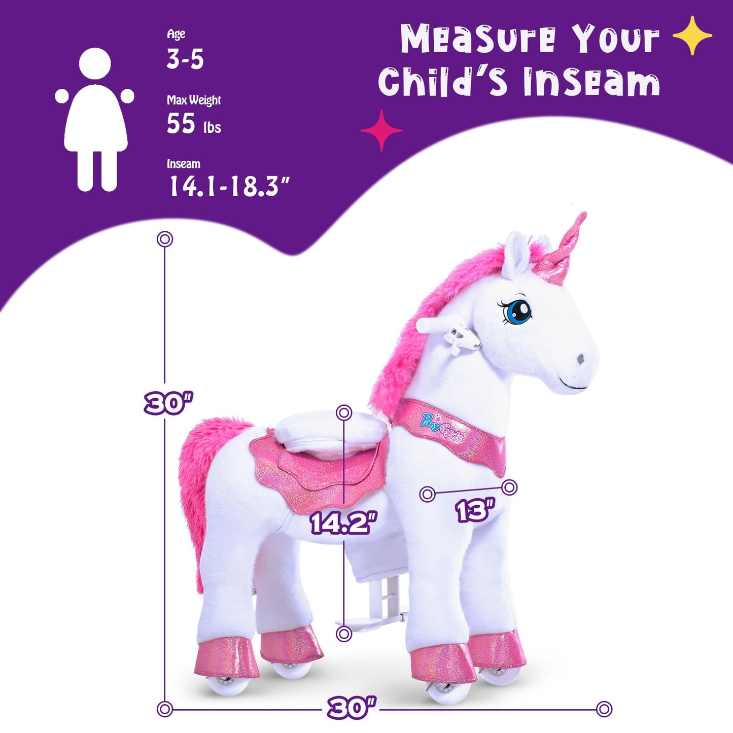 PonyCycle Ride on Unicorn Ride on Toys for Girls Riding Pink Unicorn Rocking Horse Essential Model E (with Brake/ 30 Height/Size