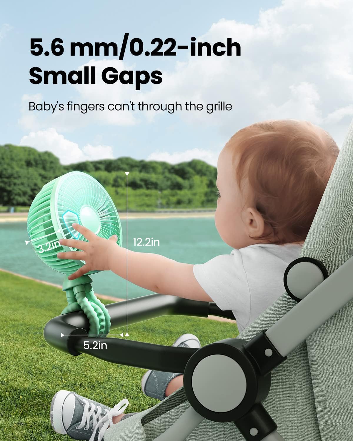 Gaiatop Baby Stroller Fan, 4000Mah Oscillating Mini Portable Fan With Light, 4 Speeds Battery Operated Small Handheld Desk Fan,