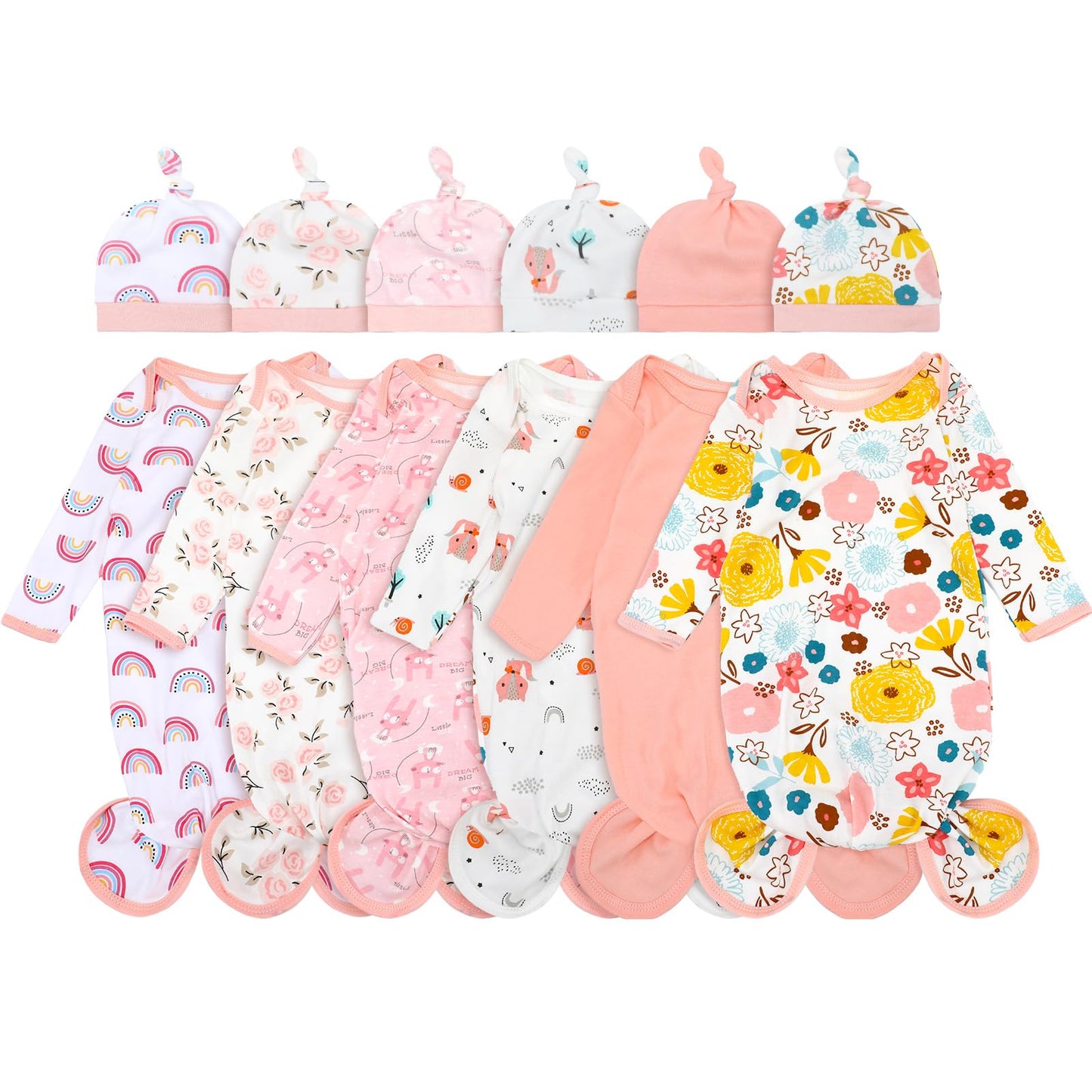 Cuffbow 6 Packs Newborn Baby Knotted Gowns Set 0-6 Months Cotton Sleeper Long Sleeve Nightgown Hat Set for Infant (Sweet Color,S