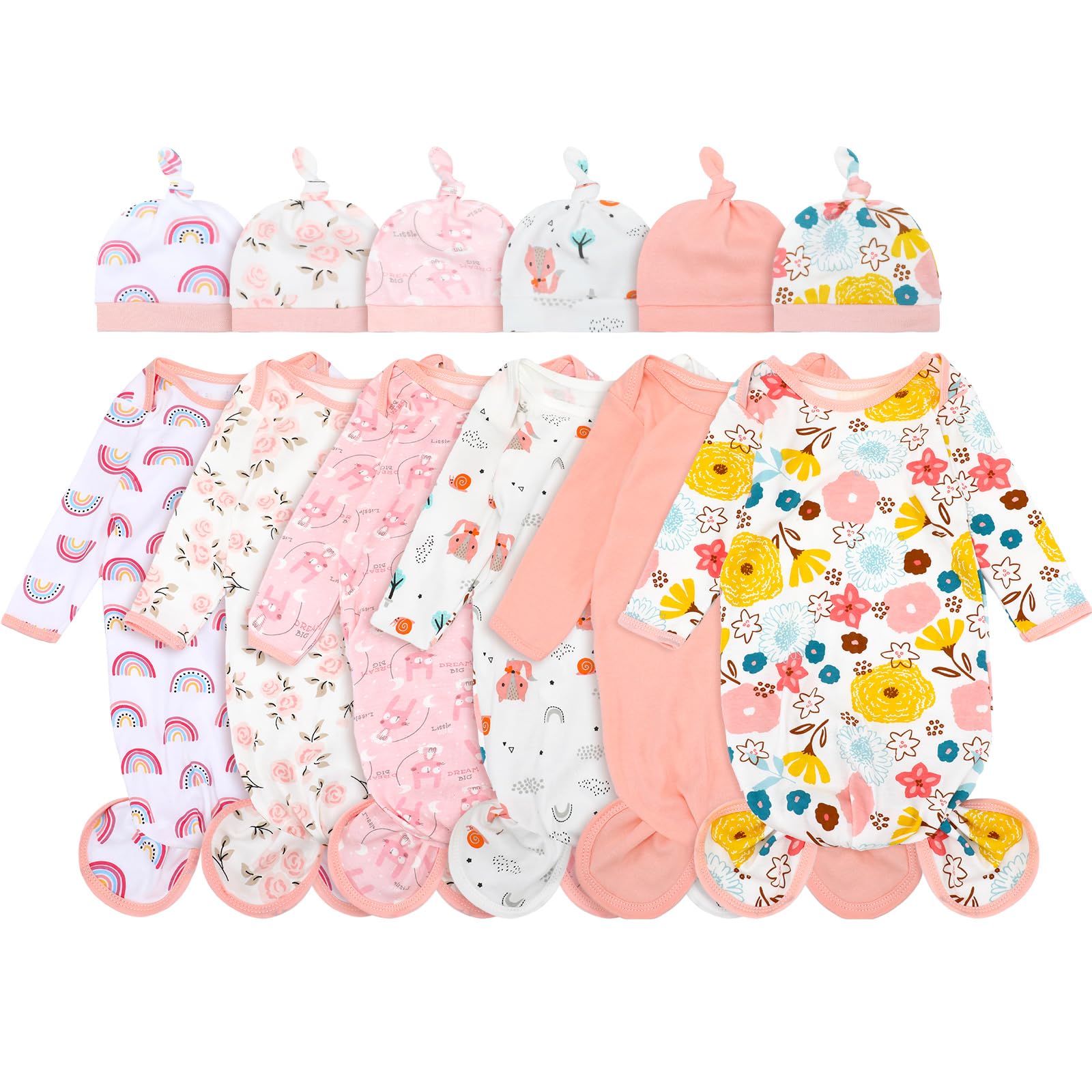 Cuffbow 6 Packs Newborn Baby Knotted Gowns Set 0-6 Months Cotton Sleeper Long Sleeve Nightgown Hat Set for Infant (Sweet Color,S