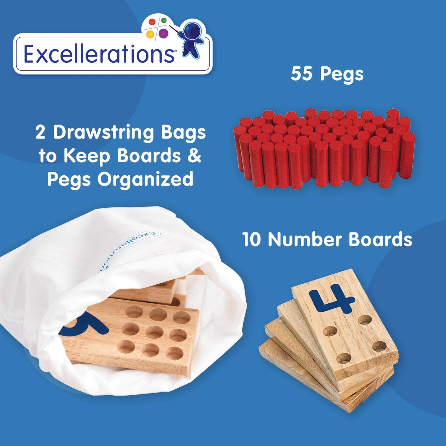 Excellerations Peg Number Board | Included: 10 Rubberwood Boards + 55 Wood Pegs + Storage Bag | Montessori Math Materials, Learn