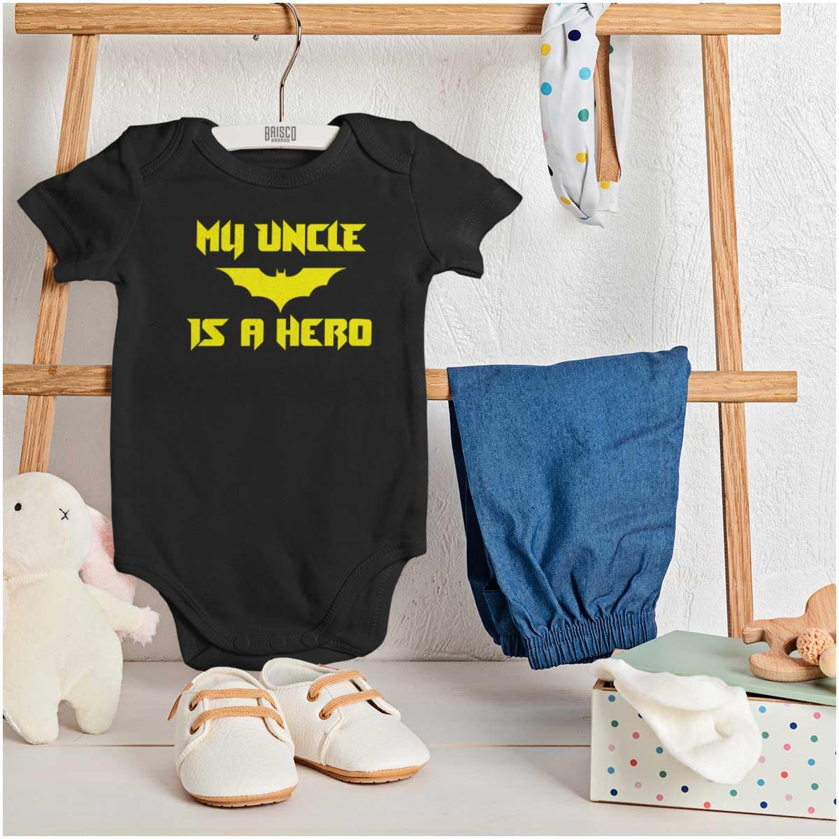 Brisco Brands My Uncle Is A Hero Superhero Bat Baby Romper Boys Or Girls