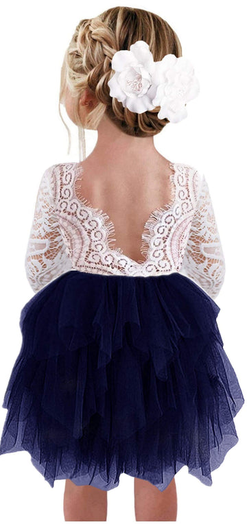 2Bunnies Girl Peony Lace Back A-Line Tiered Tutu Tulle Flower Girl Dress (Navy Sleeve Short, 2T)