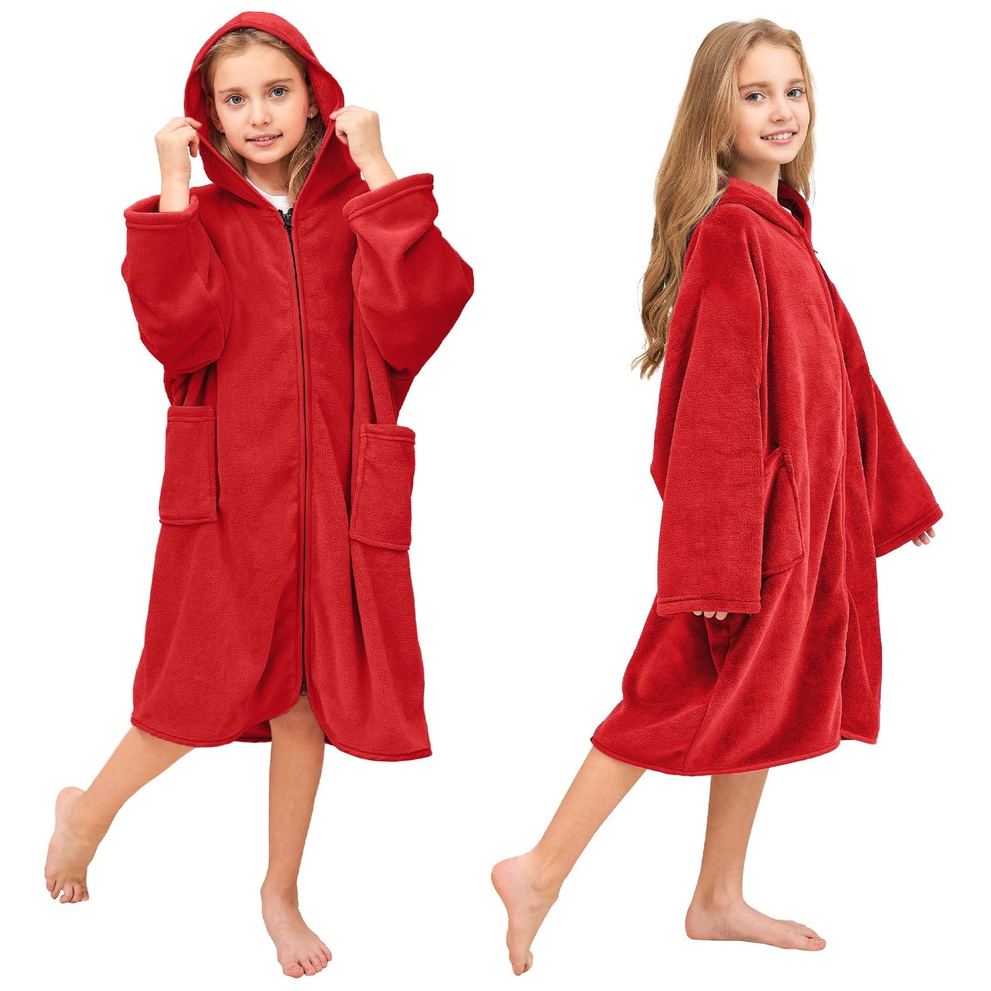 Hiturbo Kids Bath Towel Hoodie: Soft Plush Zipper Surf Poncho - Warm Fleece Changing Towels Swimming Outerwear (Red)