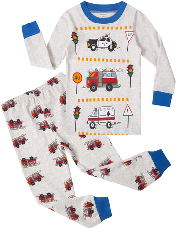Popshion Boys Pajamas Fire Truck Long Sleeve Cotton Pj Toddler Clothes Set Winter Sleepwear 2 Piece Kids Police Car Pjs 5T
