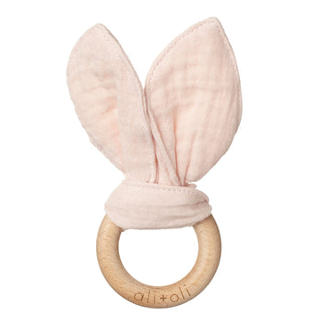 Ali+Oli Crinkle Bunny Ears Wooden Teethers for Babies (Pink) - Bunny Ear Teething Ring, Gender Neutral Baby Gift, Newborn Animal