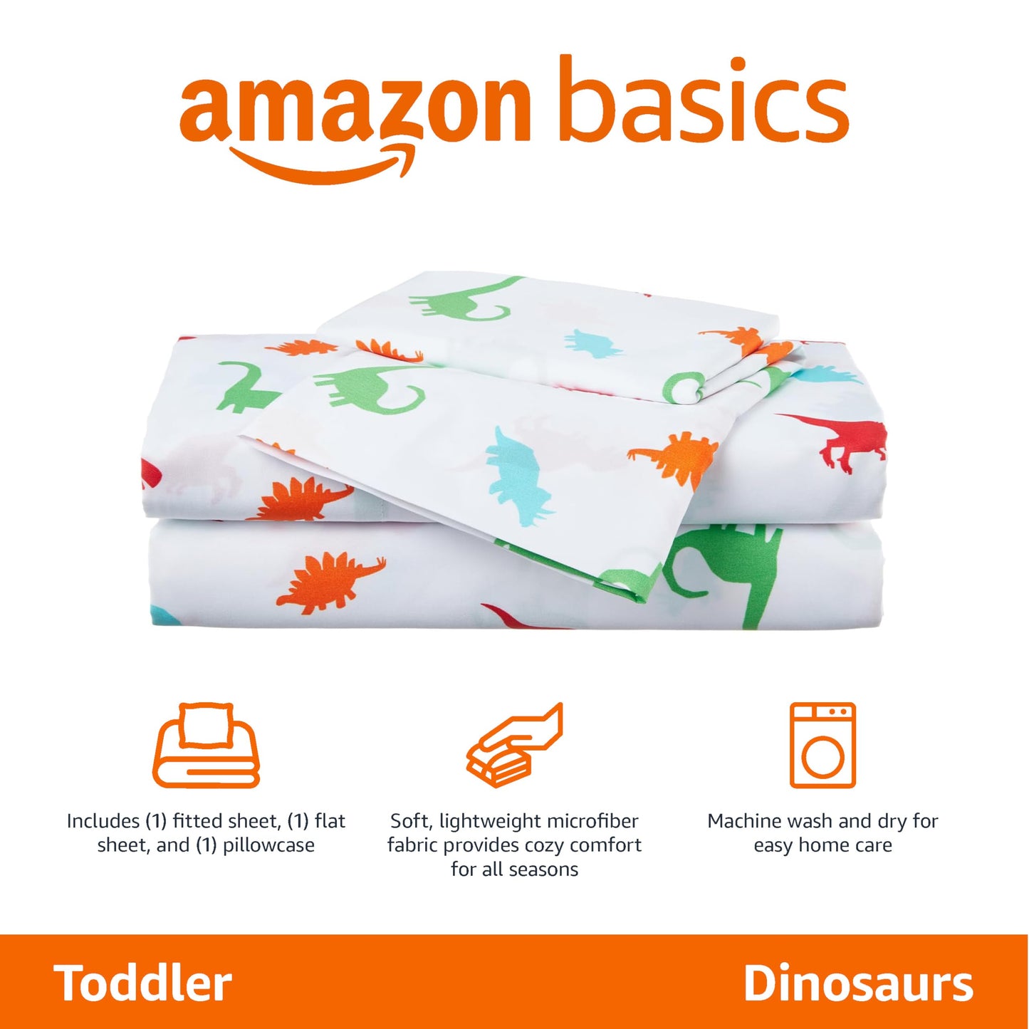 Amazon Basics Kid'S Soft Easy-Wash Lightweight Microfiber 3-Piece Sheet Set, Toddler, Multi Color, Dinosaurs