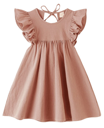Lyxiof Toddler Baby Girl Cotton Linen Dress Ruffle Sleeve Halter Sleeveless Kids Casual Dresses Light Coffee 90Cm