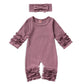 Grnshts Newborn Baby Girls Ruffle Romper Solid Long Sleeve Jumpsuit One-Piece Coming Home Outfits+Headband (Dark Purple, Newborn