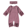 Grnshts Newborn Baby Girls Ruffle Romper Solid Long Sleeve Jumpsuit One-Piece Coming Home Outfits+Headband (Dark Purple, Newborn