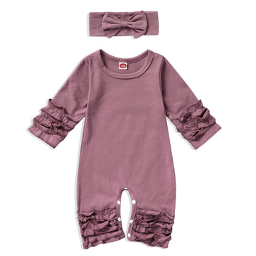 Grnshts Newborn Baby Girls Ruffle Romper Solid Long Sleeve Jumpsuit One-Piece Coming Home Outfits+Headband (Dark Purple, Newborn