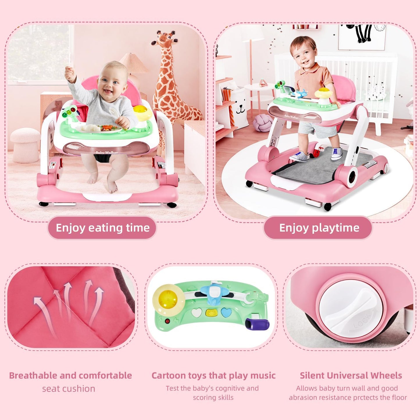 Music And Lights Baby Walker With Wheels,5-In-1 Baby Activity Center With Removable Toys And Music Bouncer,Adjustable Height Bab