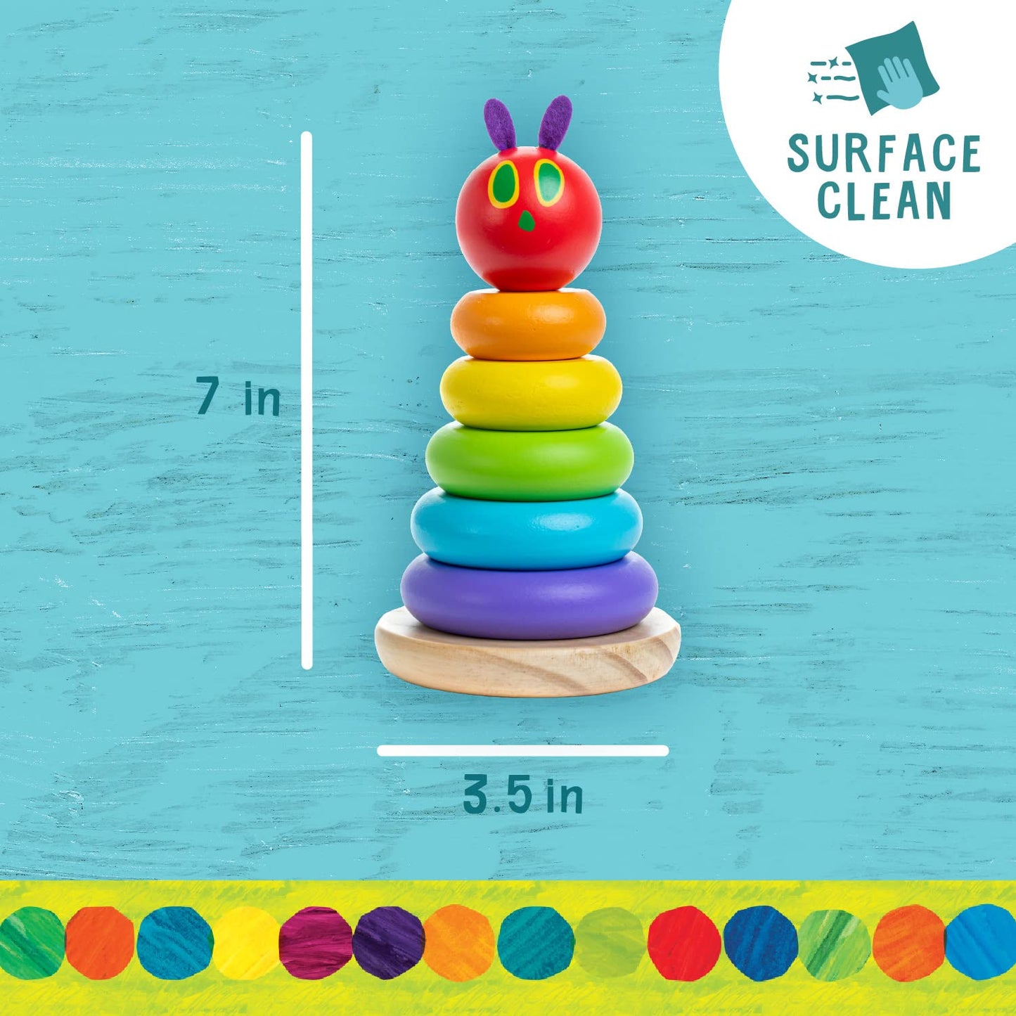 KIDS PREFERRED World of Eric Carle, The Very Hungry Caterpillar Wooden Stacker with Colorful Rainbow Rings, 7 Inch Stacking Soli
