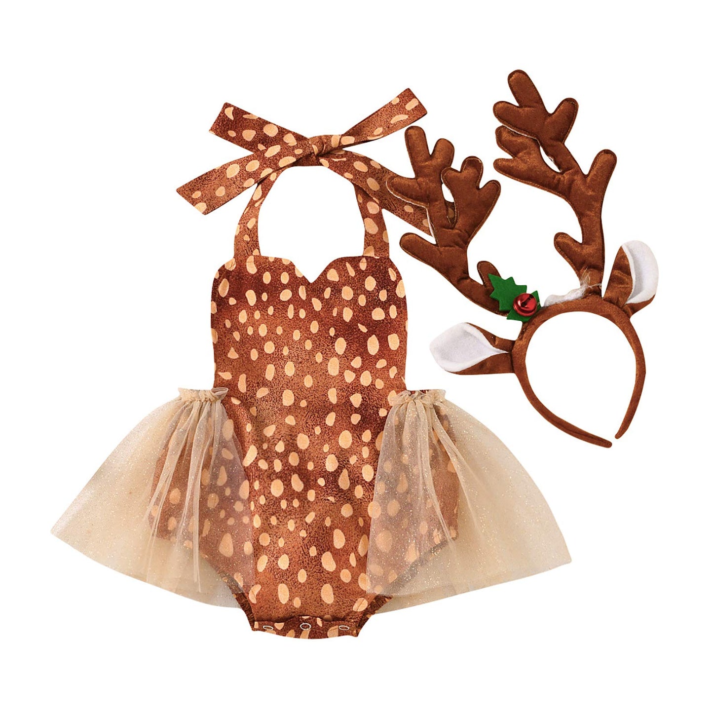 Baby Girl Christmas Reindeer Costume Heart Green Red Fur Tulle Halter Romper Dress with Deer Antlers Headband Santa Hat Easter D