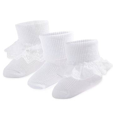 Hakugoo Baby Girl Socks Newborn Eyelet Lace Ruffle Socks Turn Cuff Socks 3 Pairs Ankle Dress Sock For Infant (Mix, 0-3 Months)