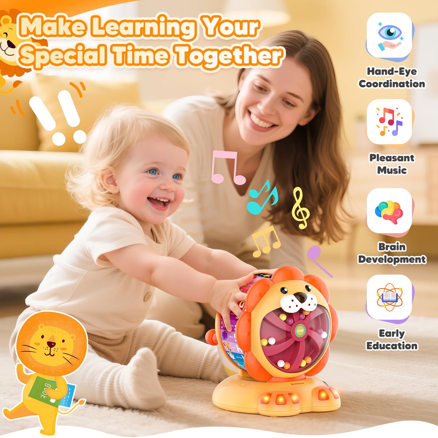 Alphabet Learning Toys for Toddlers 1-2 Year Old, Lion Spin and Sing ABC Letter Interactive Toys with Lights Sound, Musical Educ