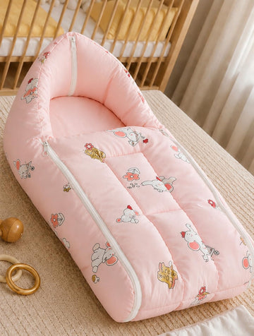 Baby Bed Cum Sleeping Bag, Yellow Cartoon Print with Zip (Pink)