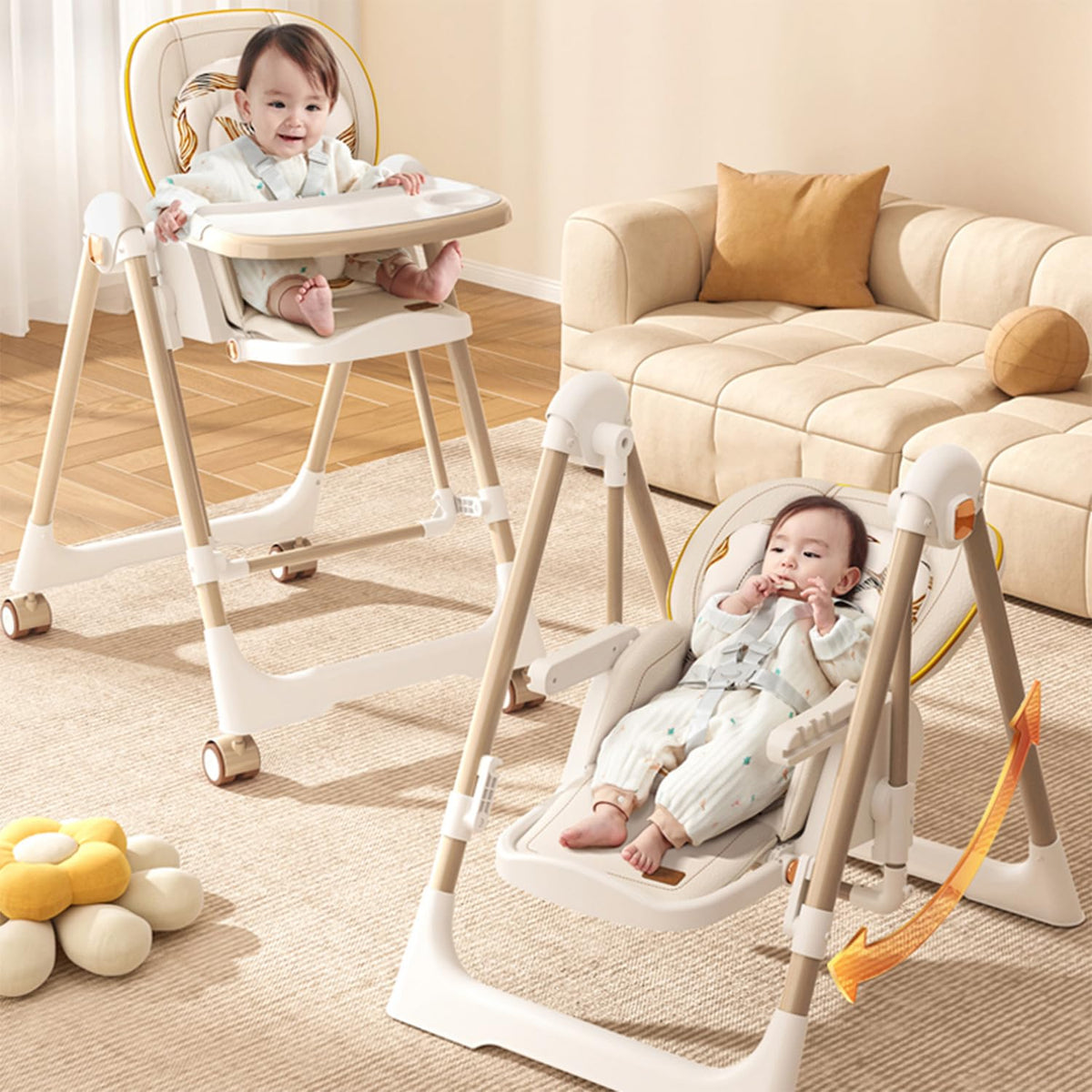 R For Rabbit Marshmallow Smart 2In1 High Chair With Swing For Baby, Adjustable Height, Dual Tray, Reclinable Backrest & Footre