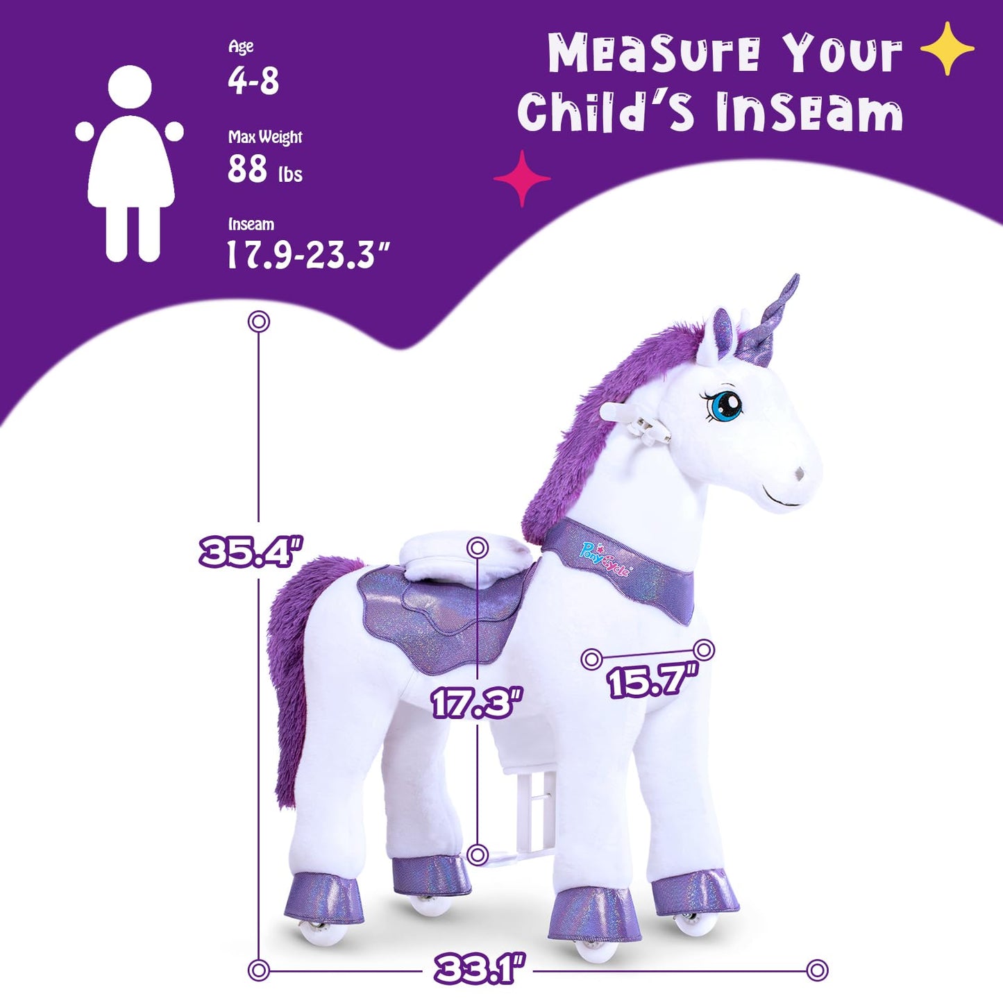 PonyCycle Ride on Unicorn for Kids 4-8 with Brake, Unicorn Gifts for Girls (35.4 Height/Size 4) Plush Interactive Riding Rocking