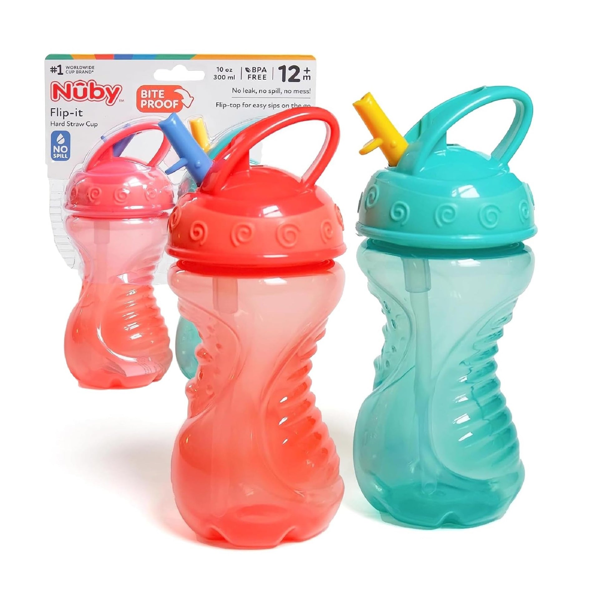 Nuby 2 Count Flip and Tip Hard Straw Cup, 10 Ounce (Coral/Aqua)