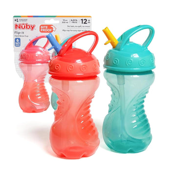 Nuby 2 Count Flip and Tip Hard Straw Cup, 10 Ounce (Coral/Aqua)