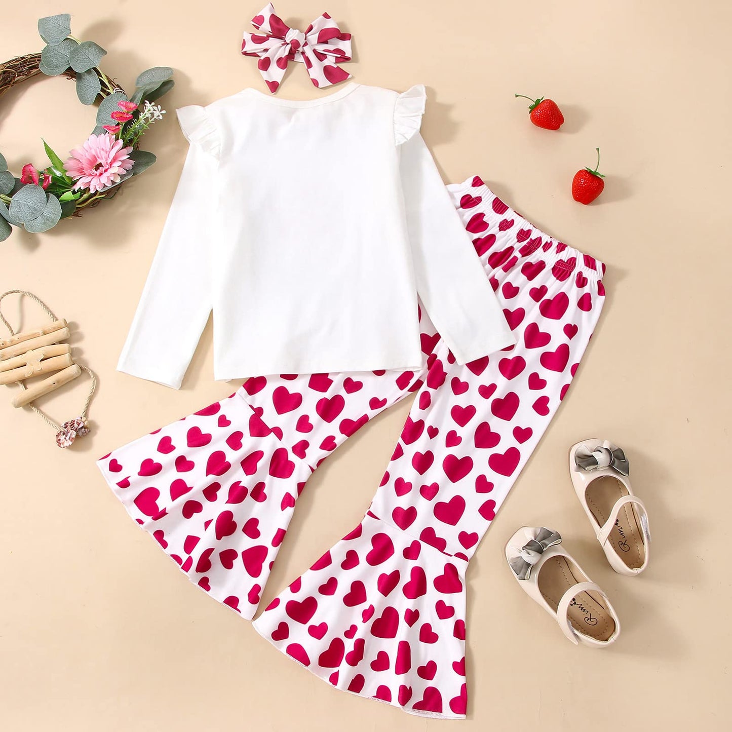 Rtnnsbbfcm Toddler Baby Girl Valentine'S Day Outfit Long Sleeve Elephant Heart T-Shirt Top Bell Bottom Pants Headband 3Pcs Set (