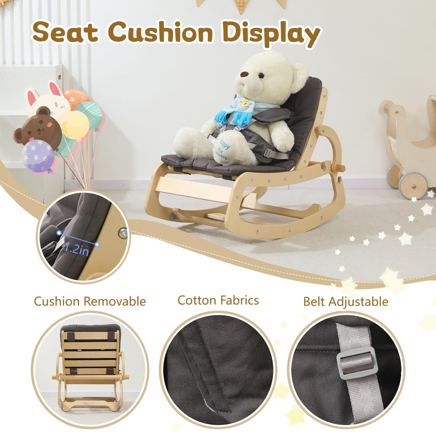 3-In-1 Baby Bouncer Adjustable Wooden Rocker Chair, Ergonomic Design Baby Lounger With Removable Cushion,Seat Belt And Booster,