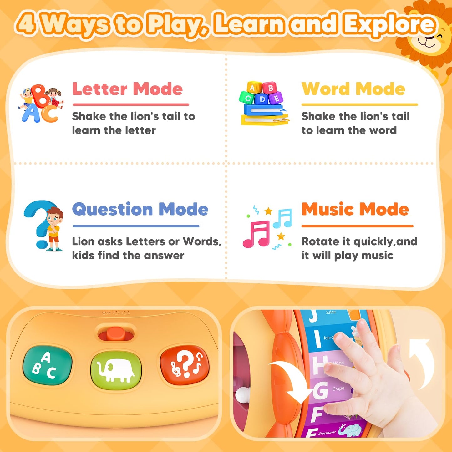 Alphabet Learning Toys for Toddlers 1-2 Year Old, Lion Spin and Sing ABC Letter Interactive Toys with Lights Sound, Musical Educ