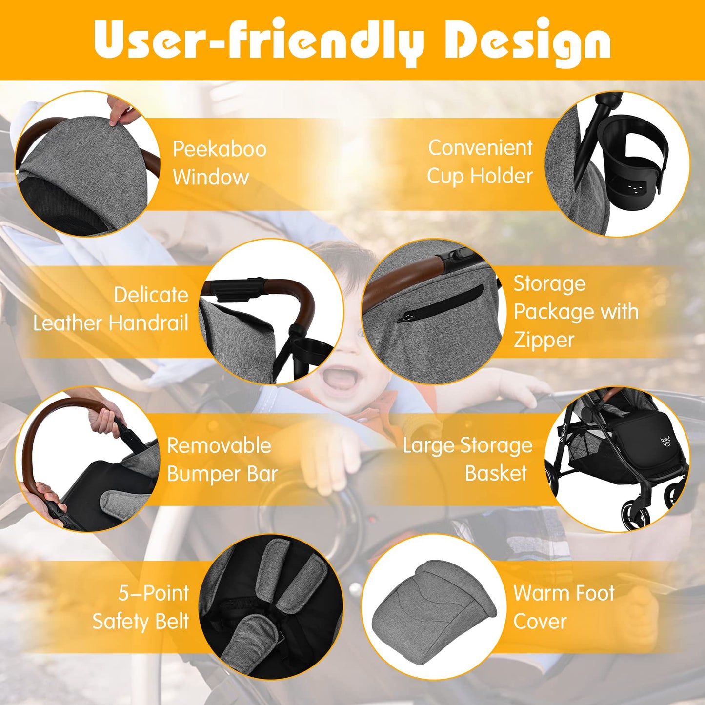 Baby Joy Baby Stroller, High Landscape Infant Carriage Newborn Pushchair With Foot Cover, Cup Holder, 5-Point Harness, Adjustabl