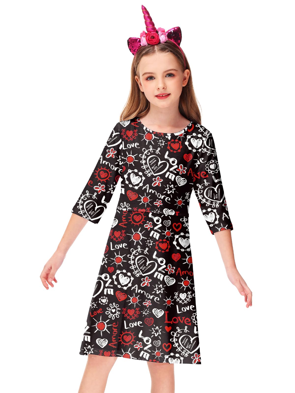 Girls Valentine Dresses Fancy Festival Graphic Printed Casual Family Party Cotton A-Line Dress 5-6 Years