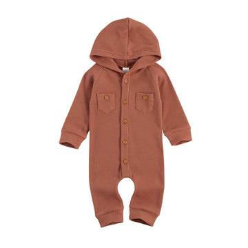 Ynibbim Winter Newborn Baby Boy Girl Solid Romper Unisex Infants Hooded Outfit Clothes Waffle Cotton Button Jumpsuits (Brick Red