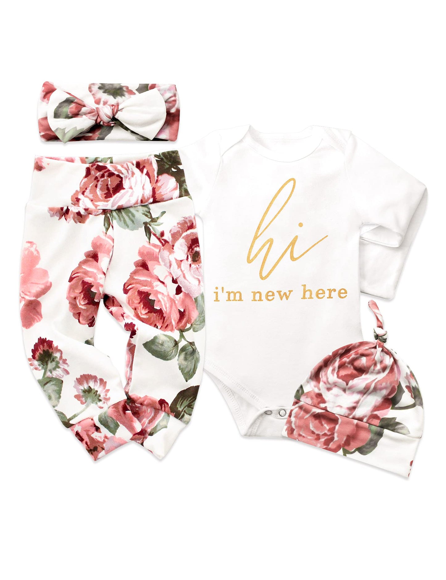 Kangkang Baby Girl Clothes 0-3 Months Hi Im New Here Infant Outfit Romper + Floral Pants + Headband + Hat Baby Clothes For Girls