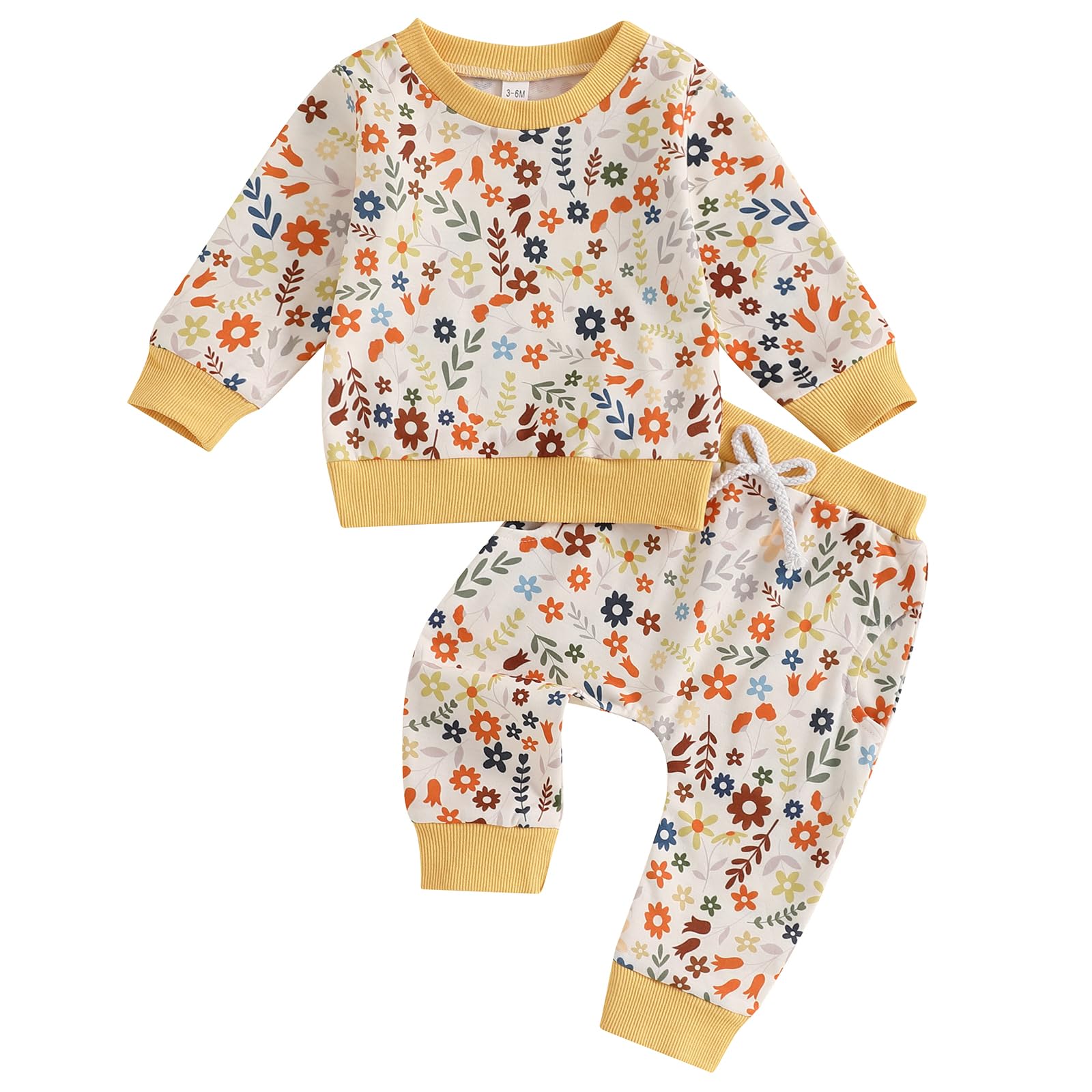 farrubbyine8 Cute Baby Girl Clothes Long Sleeve Print Sweatshirt Top and Pants Set Toddler Girl Fall Outfits (Yellow, 6-12 Month